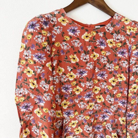 Yumi Kim So Amazing Rust Silk Floral Love Me Tender Dress Long Sleeves Pockets - Picture 6 of 14